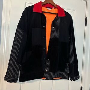 Puma Black Corduroy Patch Jacket with Red Collar and Striped Accents Size Small